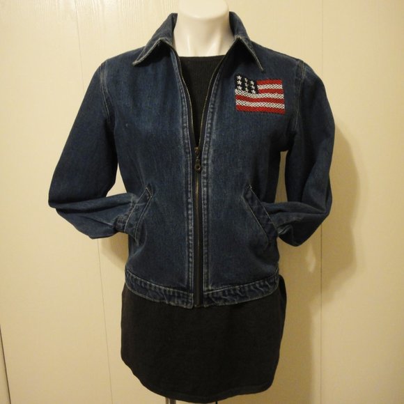 Agapo Denim Jeans Jacket Embroidered USA Flag - Picture 11 of 11